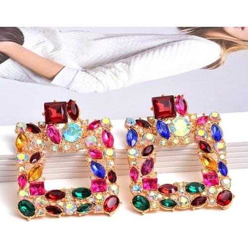 New Colorful Crystals Square Metal Dangle Drop Earrings High-Quality Fashion Rhinestone Jewelry Accessories For Women Wholesale