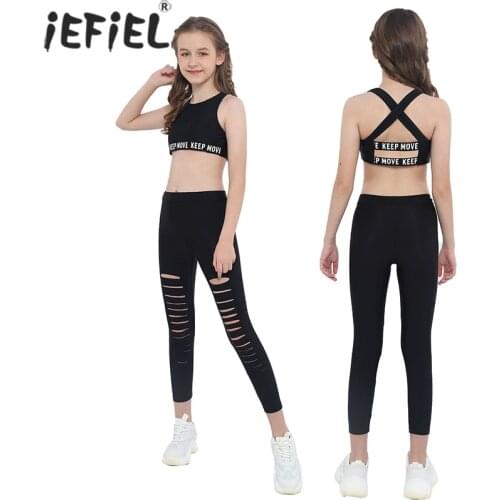 Kids Girls Tracksuit Outfit Letter Printed Tank Crop Tops+Leggings Pants for Gymnastics Stage Performance Workout Sports Suits