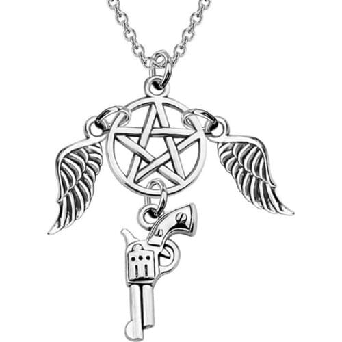 Supernatural Pentagram Necklace Statement Jewelry Pistol Car Pendant Angel Wing Amulet Choker Necklace for Women Gift Bijoux