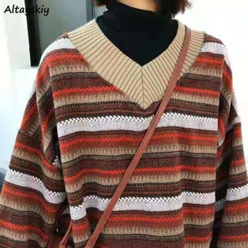 Sweaters Women Pullovers Soft Autumn V-Neck Chic Daily Loose Students Striped Harajuku Knitting Loose Outerwear Leisure Regular
