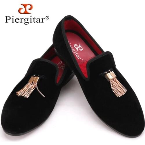 Piergitar Handmade Men Velvet and Crystal Tassel Loafers Men Smoking Slippers Wedding and Party shoe Men Flats Size US 4-17