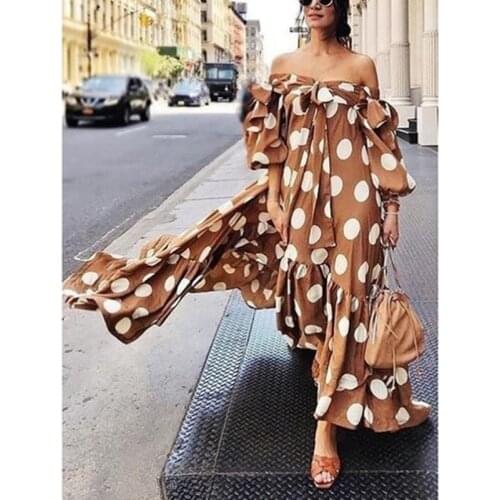 Ruffle Polka Dot Boho Dress Summer 2021 Women Off Shoulder Beach Maxi Dress Loose Plus Size Long Dress Brown Ladies Dresses