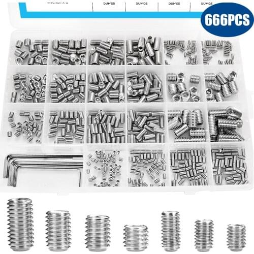 YCDC 666Pcs M2 M3 M4 M5 M6 M8 Hex Set Screws Hexagon Flat Point Alloy Steel Head Grub Screw Socket Headless Assortment Set Screw