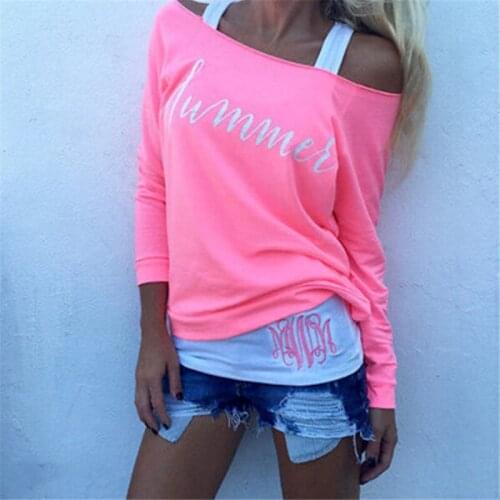 Fashion Women Off Shoulder Tops T-shirt New Pink Loose Top T Shirt Autumn Spring Casual Long Sleeve Casual Tee Camiseta de mujer