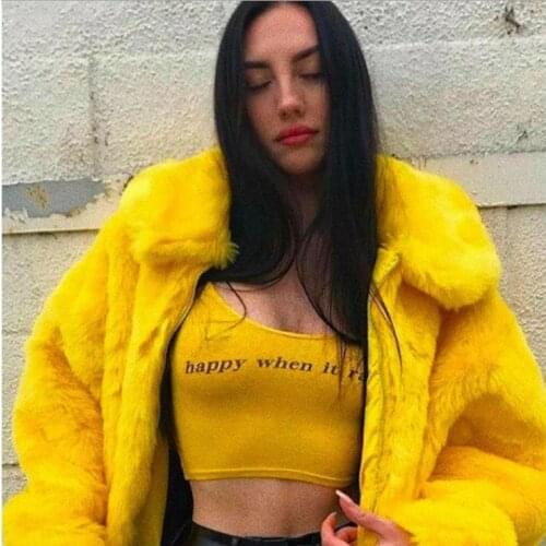 Autumn Winter WomenS Yellow Faux Rabbit Fur Coat Warm Furry Jacket Female Turn Down Collar Zipper Imitation Fur Outwears J3359