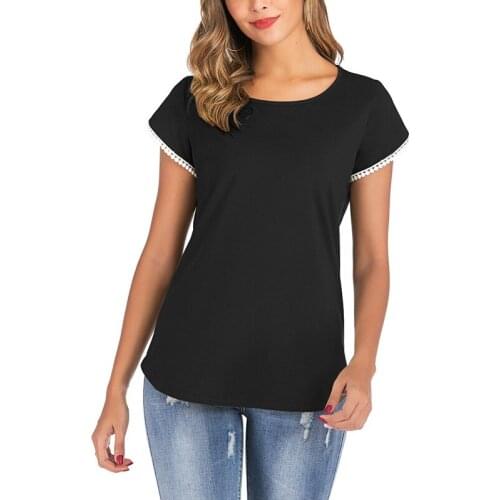 Womens Summer Solid Color Round Neck Loose Oversize Short-Sleeve Casual Shirt Blouse Pullover Tops Black L