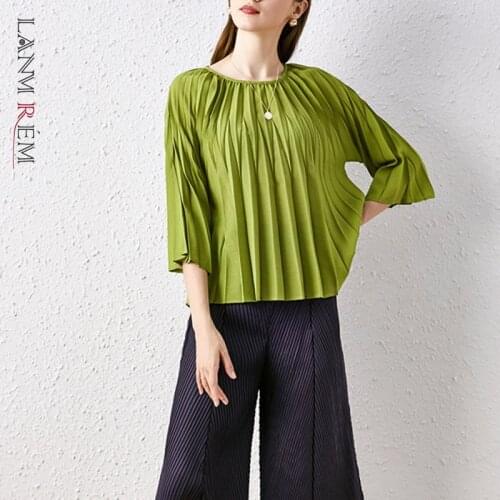 LANMREM New Three Quarter Flare Sleeve Solid Color Round-neck Pleated T-shirt For Women Casual Tops Female Fashion Tide 2A1334