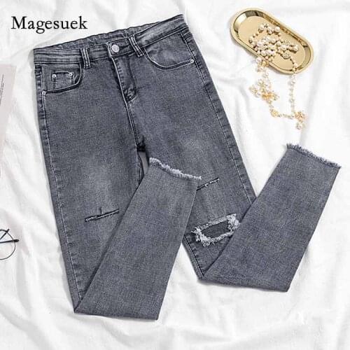 Female Denim Pants Hole Button Womens Pencil Pants 2020 Korean Fashion Jeans Gray Denim Elastic Trousers for Ladies Donna 10633