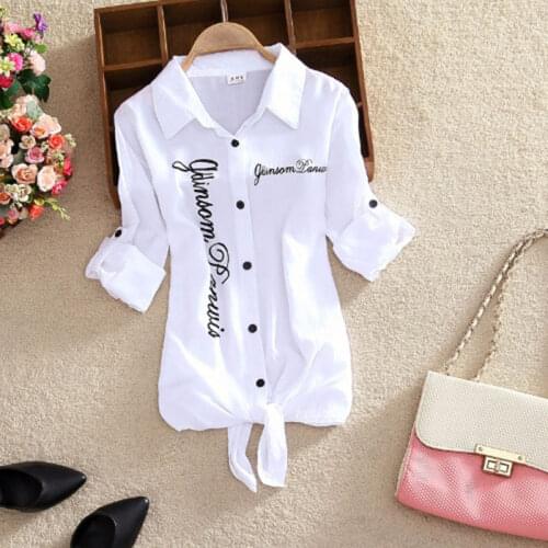 Women Shirts White Blouses Kimono Summer Top Women Letter Printed Shirts Sleeve Turn Down Collar Casual Print Cardigan