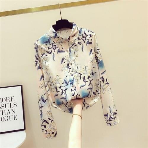 Printed Chiffon Women Shirts Summer New 2021 Turn-Down Collar Loose Office Lady Elegant Long-Sleeved Outwear Tops