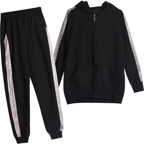 Womens Casual Tracksuit Two Piece Womens Set Slim Fit Sportswear Black White Hooded Sweatshirts Long Pants Outfits for Women