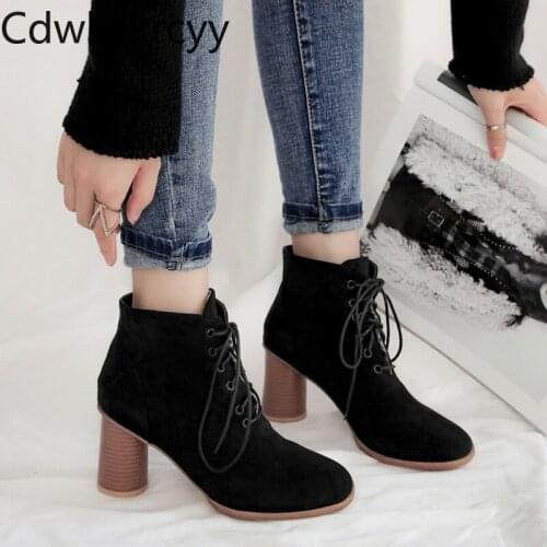 Winter The New fashion Round head Round heel Martin boots black cross Lace up Plus cashmere Keep warm High heel Women boots
