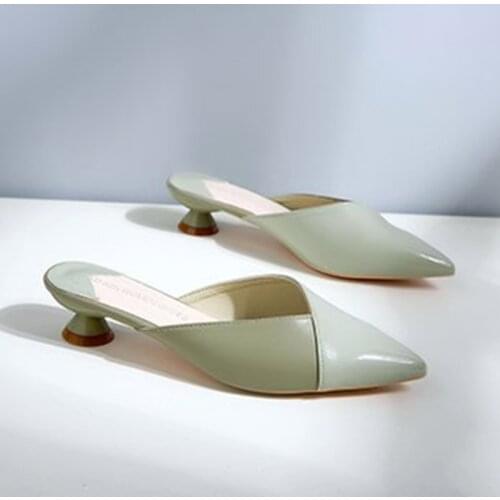 2020 Mules japanned leather patchwork slippers women glass high heels flipflops pointed toe beach shoes slides with strange heel