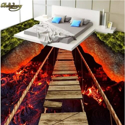 Beibehang Custom Photo 3D Floor Painting Wallpapers Trees Rope Bridge Volcanic Lava 3D Floor papel de parede