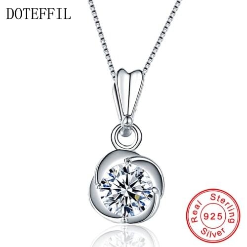 DOTEFFIL 925 Sterling Silve 18 Inches Box Chain AAA Zircon Flower Pendant Necklace For Women Engagement Party Wedding Jewelry