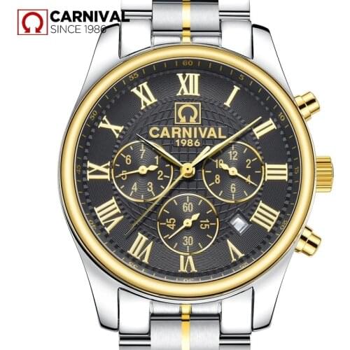 Carnival Brand Fashion Silver Gold Automatic Military Watch Men Luxury Waterproof Calendar Mechanical Clock Relogio Masculino