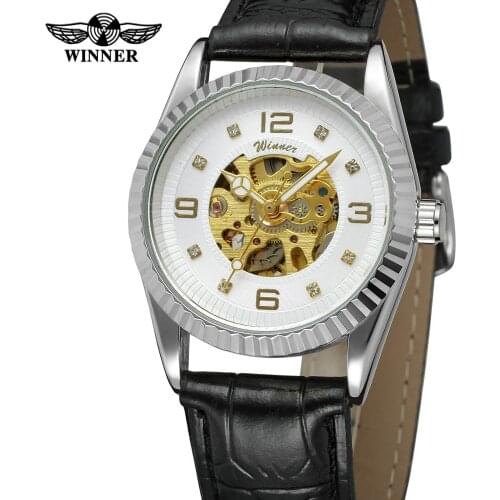 WINNER watch Casual fashion golden Arabic numerals white silver watch belt mens watch automatic mechanical watch