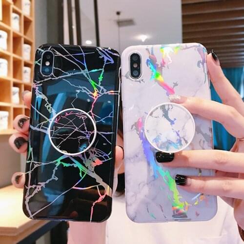 FLYKYLIN Laser Phone Case For iPhone XR XS Max X 6 6S 7 8 Plus Case 11 12 Pro Max SE2020 Marble Grip Stand Holder Silicone Shell