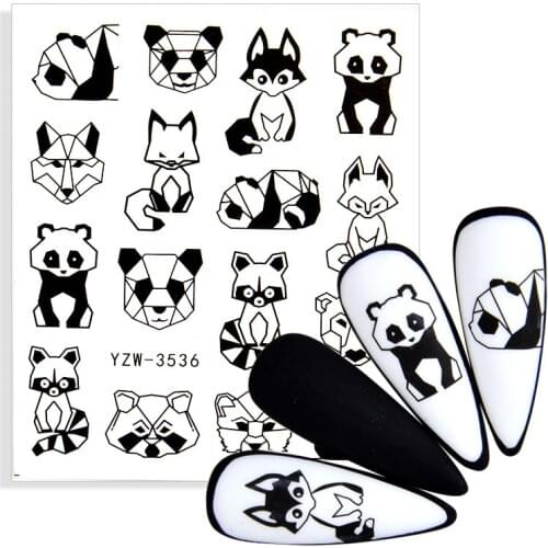 3D Black White Nail Art Sticker Abstract Geometric Animal Panda Leaf Flower Watermark Tattoo Nail Decal Manicure Decoration Tips