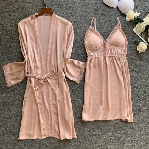 Foply 2 PCS Robe and Gown Set Women Sexy 2020 Spring Summer Sleepwear Polka Dot Nightwear Slings Shorts Nightgown Robe Pyjama