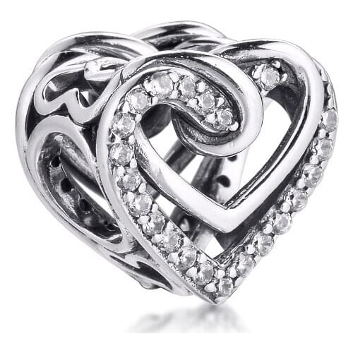 Valentines Day Sparkling Entwined Hearts Charm Sterling Silver Jewelry Fits Original Charm Bracelet & Necklace Woman DIY Bead