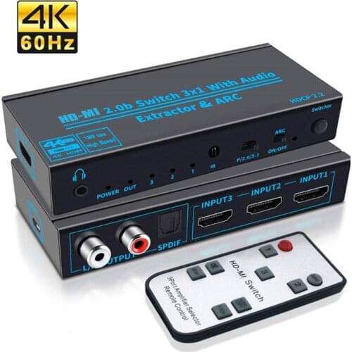 KuWFi HD-MI 2.0b Switch 3x1 with Audio Extractor & ARC HD-MI Switch 3 In 1 Out 4K Full HD High Resolution HDCP 2.2