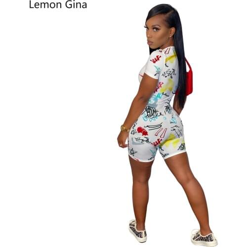 Lemon Gina Tight Fashion Graffiti Print Jumpsuits