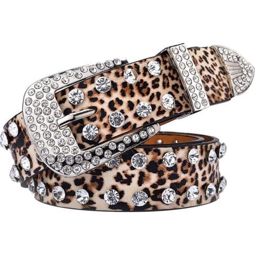 Fashion Women Leopard Rhinestone Inlaid Soft Faux Leather Belt Buckle Waistband