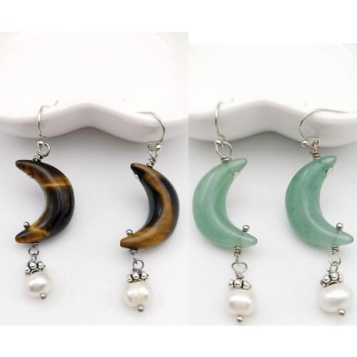 Natural Stone Moon shape Earrings Pink Quartz Tiger Eye Crystal Shell pearl earrings Simple Ear Jewelry for Women Earring Gift