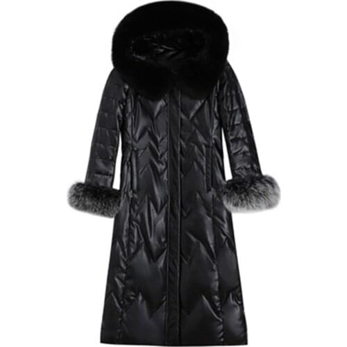 2021 New Winter Womens White Down Coats Sheep Skin Leather Overcoats Female Big Fox Fur Long Coats Plus Size Lady Outerwear