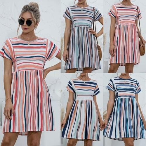 Summer 2021 New Women‘s Fashion Striped Dress O-Neck Short Sleeve Slim A-Line Knee Length Dress OL Officer Beach Party Dresses