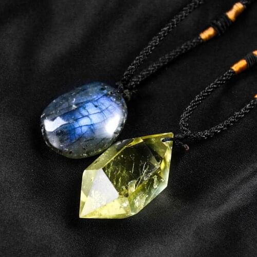 Natural Labradorite Moonstone Pendant Necklace Yellow Quartz Crystal Braided Rope Gem Stone Adjustable Sweater Chain Jewelry