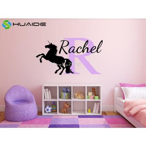 Personalized Girls Unicorn Name Monogram Custom Name Wall Stickers For Kids Room Baby Nursery Wall Decal Adesivo de parede A524