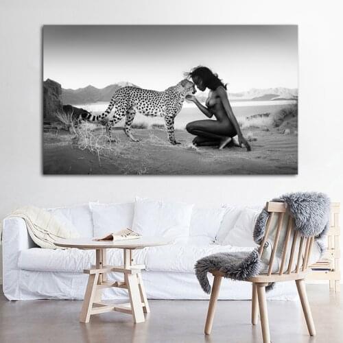 Black White Natural Landscape Posters and Prints Wall Art Canvas Painting Snow Leopard and Nude Women Picture for Living Room