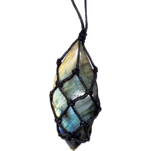Labradorite Healing Necklace Natural Polished Raw Stone Pendant Lapis Lazuli Amethysts Braided Wrap Adjustable Chain Jewelry