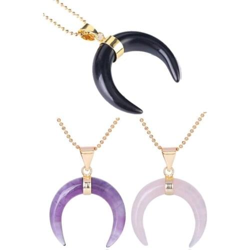 Genuine Stone Moon Shape Pendant Natural Unique Design Charm Necklace Gold Color With 18inch Chains Great Gift