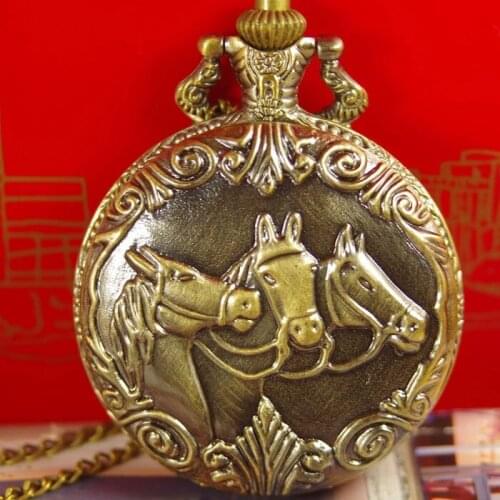 Drop shipping hot vintage Antique quartz Pocket Watch Necklace Bronze horse Glass Pendant With Chain mens womens friends gifts