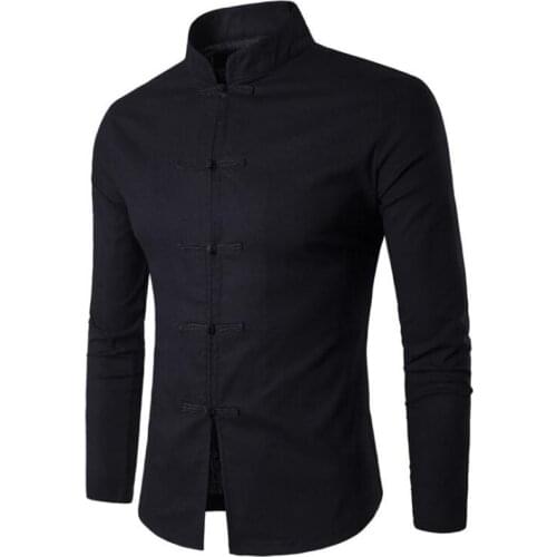 Chinese Tradition Style Men Shirt Nice Pop Cotton Male Solid Color Mandarin Collar Business Long Sleeve Casual Slim Fit Shirt