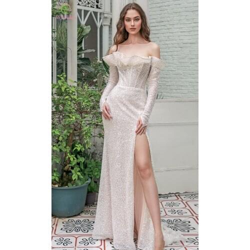 SSYFashion New Mermaid Evening Dress Sexy Slim Boat Neck Long Sleeve Long Fishtail Sequins Formal Prom Gowns Vestidos De Noche