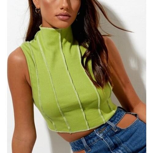 Womens Patchwork Tank Tops Sleeveless High Turtle Mock Neck Contrast Stitch Rib Knit Streetwear Crop Tops