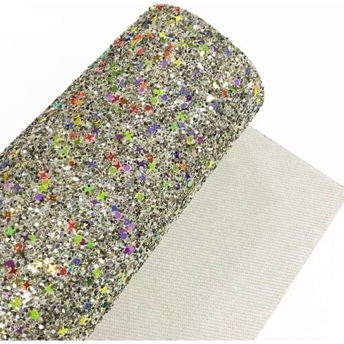 Light Multicolored Star Sequins Chunky Glitter Faux Leather Fabric Sheet Twill Backing For Making Shoe/Bag/Craft/DIY Accessories