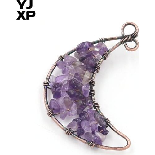 YJXP Copper Plated Wire Wrap Handmade Natural Amethysts Half Moon Pendant Vintage Jewelry