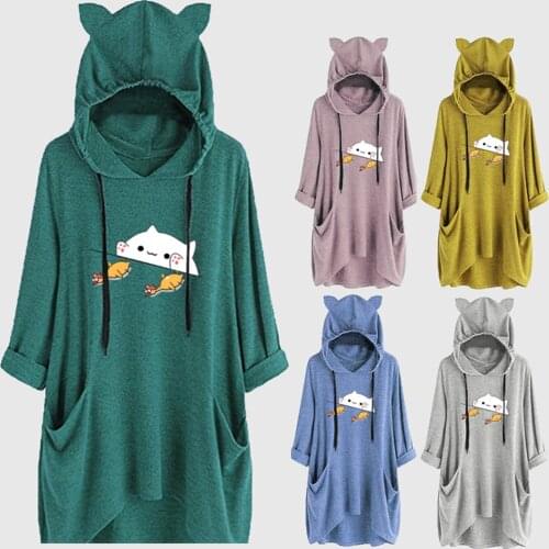 2021 Cat Ear Hoodies For Women Harajuku Black Cats Letters Printed Hooded Sweatshirt Cute Oversized Hoody With Pocket Outwear