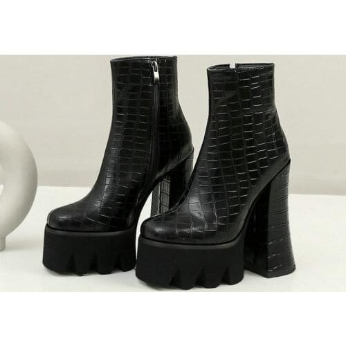 PU Leather Women Ankle Boots Super Square High Heel 15cm Women Short Boots Fashion Zipper Ladies Autumn Winter Shoes Black