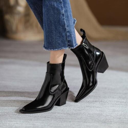 Concise Fashion Women Ankle Boots Autumn Winter Genuine Leather Pointed Toe Thick High Heels Side Zipper Shoes Woman Office