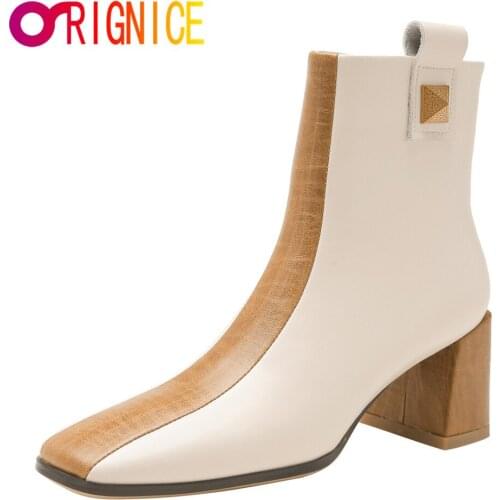 Orignice 2021 New Arrival Women Genuine Leather Ankle Boots Autumn Mixed Color Block High Heels Square Toe Party Dress Shoes
