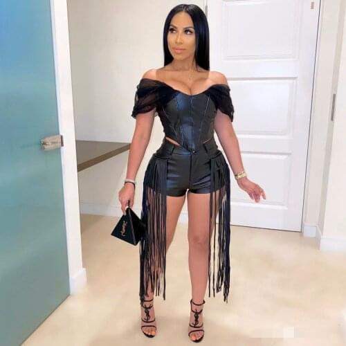 Women PU Tracksuit Off Shoulder V-neck Crop Top +Tassel Splicing PU Shorts Jogger Two Pieces Sets Sexy Outfits Matching Set