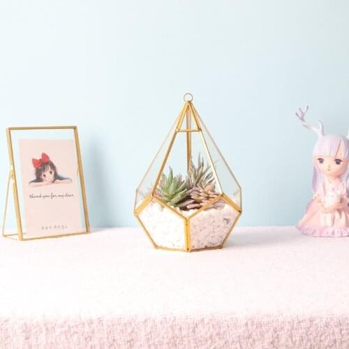 Gold Wall Hanging Glass Geometric Terrarium Modern Indoor Opening Polyhedron Diamond Teardrop Shape Planter Pot ContainerTableto