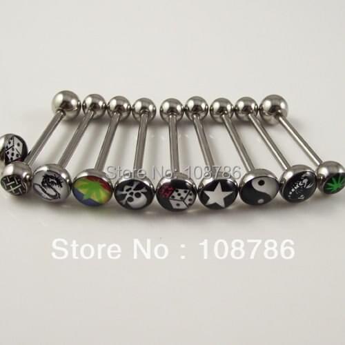 12pcs/lot Mix Design free shipping tongue barbell logo ring tongue nail Rings, body jewelry piercing jewellery
