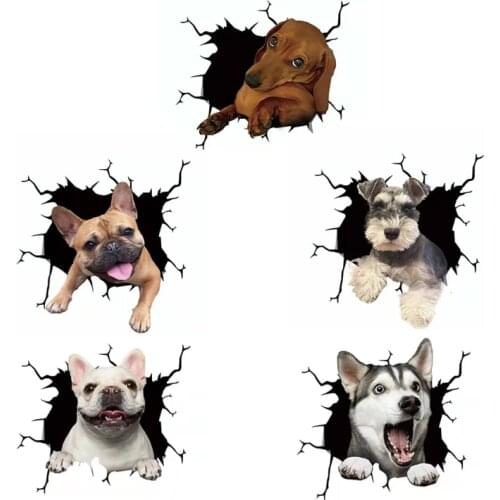 Car Sticker 3D 1 Sheet Cute Dog Crack Funny Realistic Animal Waterproof PVC Window Glass Auto Decal DIY Home Decoration